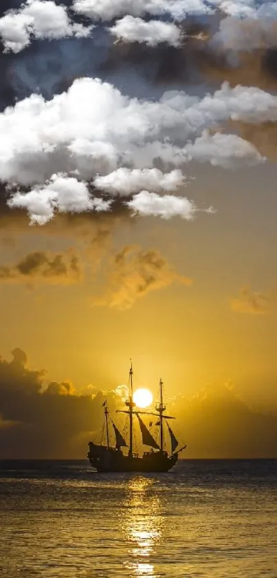 Ship sailing at sunset on calm ocean with a glowing golden sky.