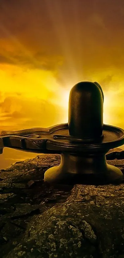 Shiva Lingam with golden sunset rays.