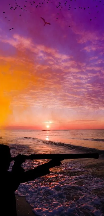 Silhouette of hunter with gun at sunset beach scene.