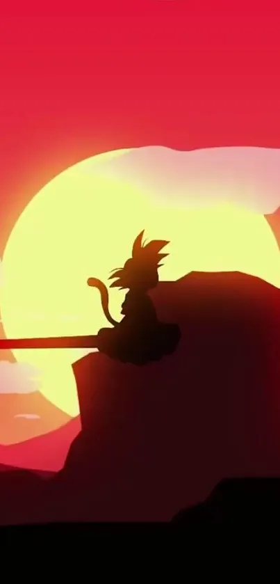 Anime character silhouette at sunset on rocky cliff, vibrant red hues.