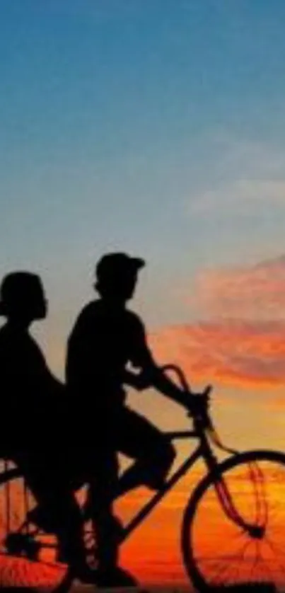 Silhouette of two people cycling at sunset.