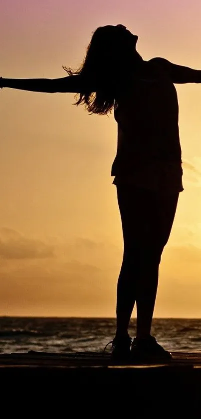 Silhouette of a person embracing sunset by the sea, blending orange and purple hues.