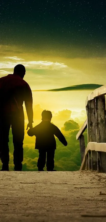 Silhouette of father and child on a bridge at sunset.