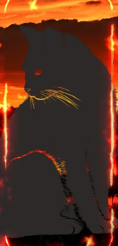 Mobile wallpaper featuring a cat silhouette against an orange sunset.