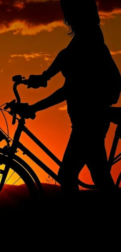 Silhouette of person cycling against an orange sunset sky.