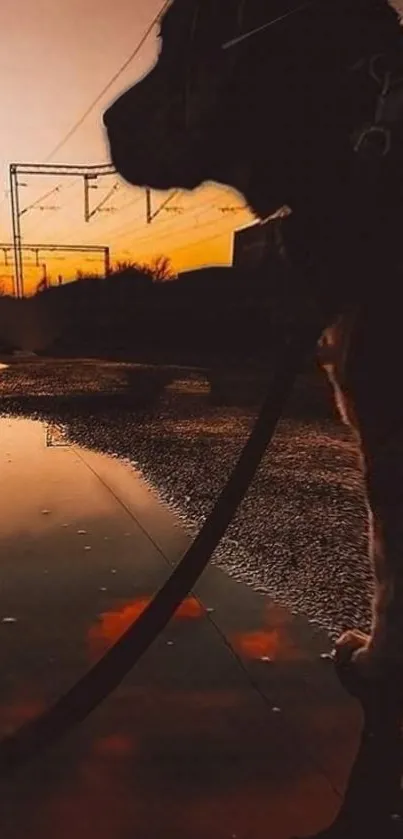 Dog silhouette at sunset with reflection in a puddle.