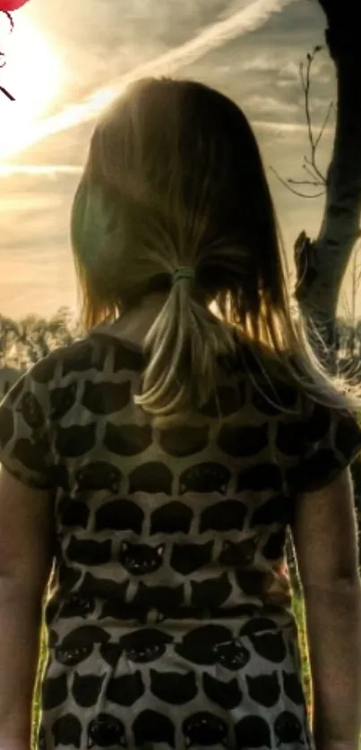 Silhouette of girl at sunset by the fence with trees in background.