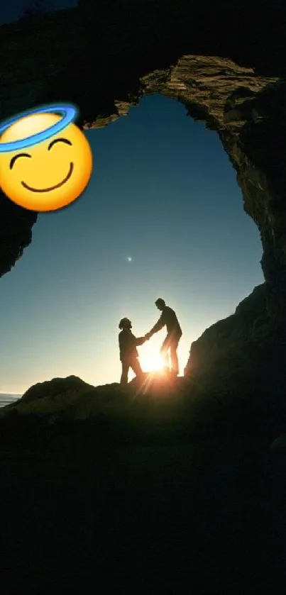 Silhouetted couple in sunset archway with emoji.