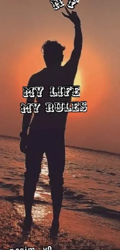 Inspiring sunset silhouette wallpaper with 'My Life My Rules' text.