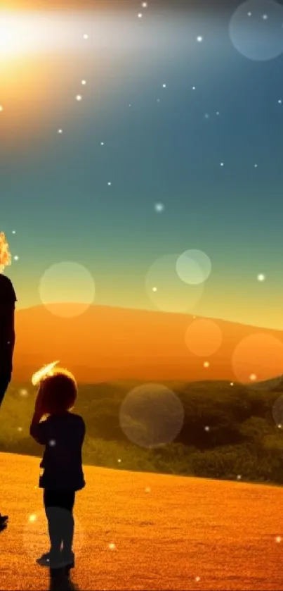 Silhouette of a family at sunset in a golden landscape.