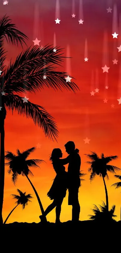 Silhouette of couple under palm trees at sunset.