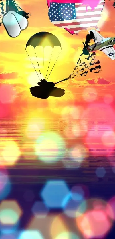 Mobile wallpaper with sunset, parachute and military art.