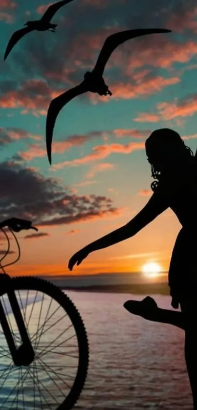 Girl and bicycle silhouette at sunset, birds flying.