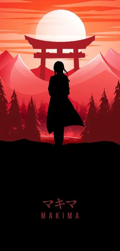 Silhouette against red sunset with temple and mountains.