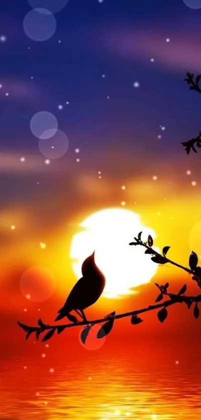 Bird silhouette against vibrant sunset on water.