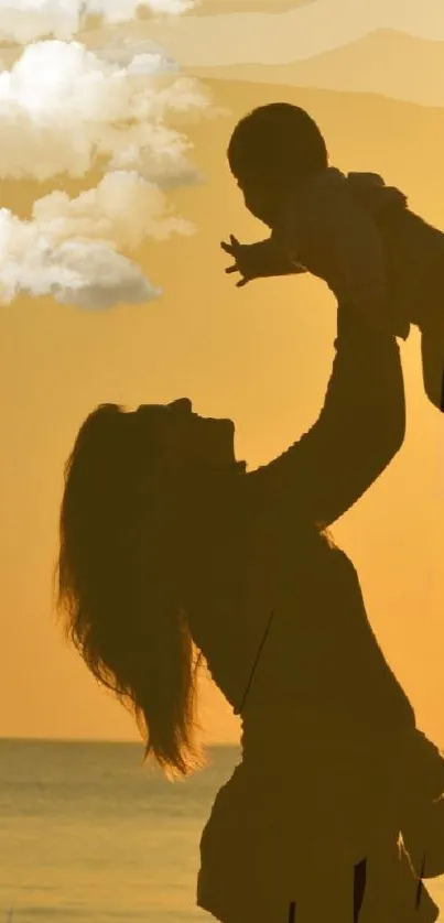 Mother lifting child at sunset on beach wallpaper.