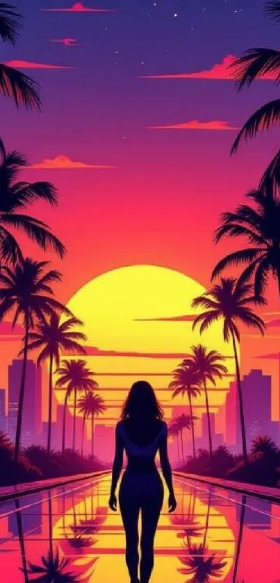 Silhouette of a person walking towards a tropical sunset.