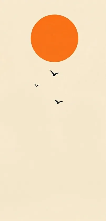 Minimalist wallpaper with orange sun and birds on beige background.