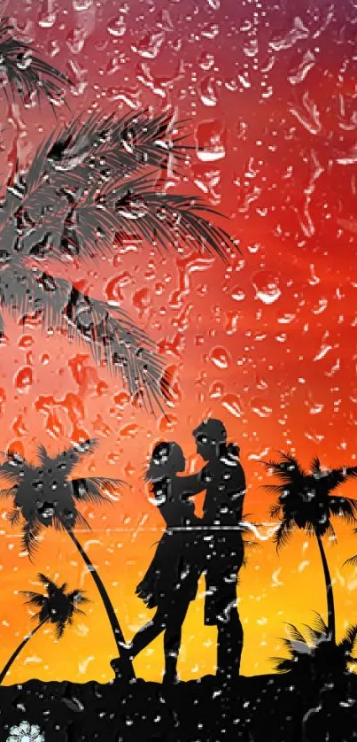 Silhouette couple at sunset with raindrops and palm trees on mobile wallpaper.