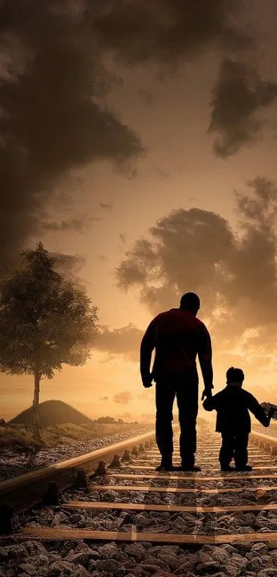 Silhouetted father and child walking on railway at sunset with brown sky.