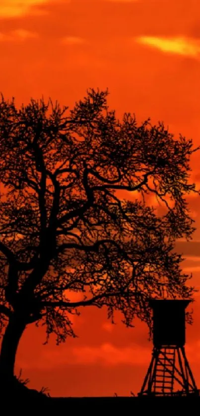 Silhouette of a tree against a vivid orange sunset on a mobile wallpaper.