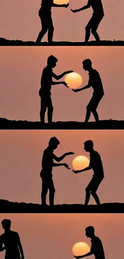 Creative silhouette of two figures playing with the sun at sunset.