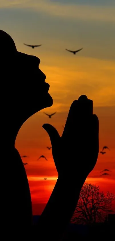 Silhouette praying at sunset with birds in sky.