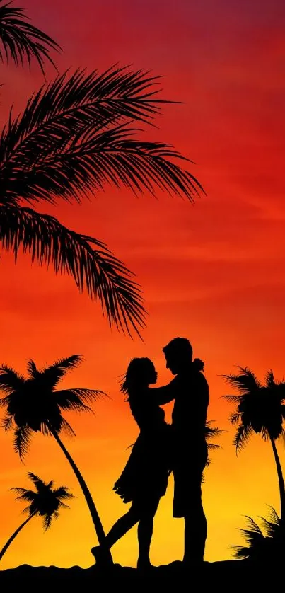 Silhouette of a couple under palm trees with a vibrant sunset background.