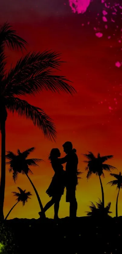 Romantic couple silhouette against a vibrant sunset with palm trees.