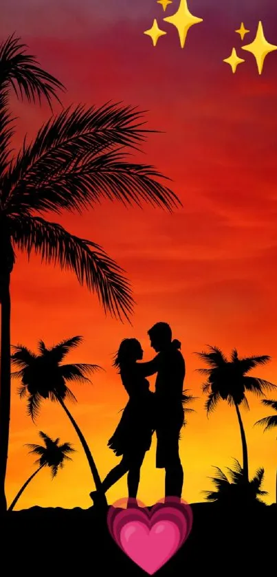 Silhouette of a couple at sunset with palm trees and heart.