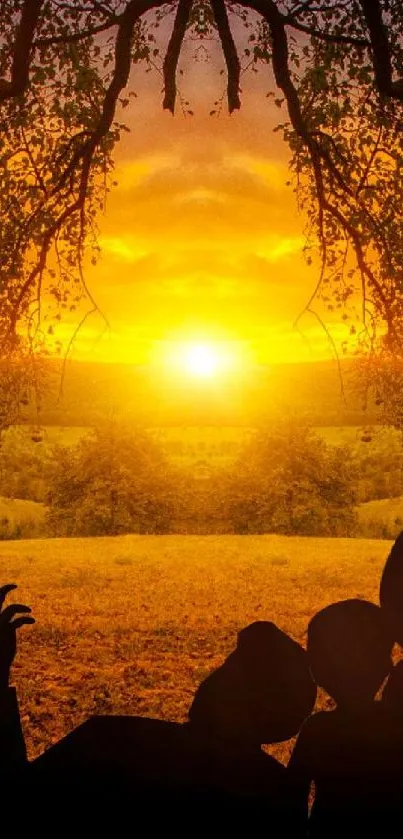 Silhouette of people relaxing under trees at sunset.