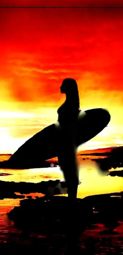 Silhouette of a surfer at sunset with vibrant orange skies and ocean background.