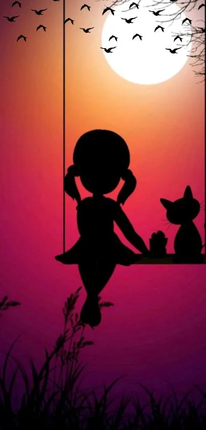 Silhouette of a girl and cat on a swing at sunset.