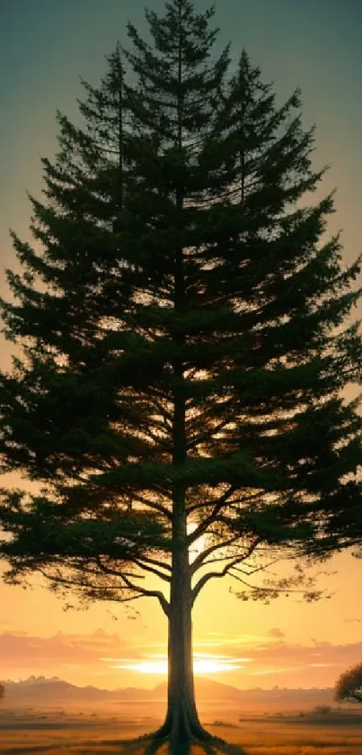 Lonely tree silhouette in sunset with vibrant orange sky.