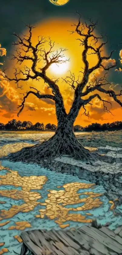 Silhouetted tree against colorful sunset on mobile wallpaper.