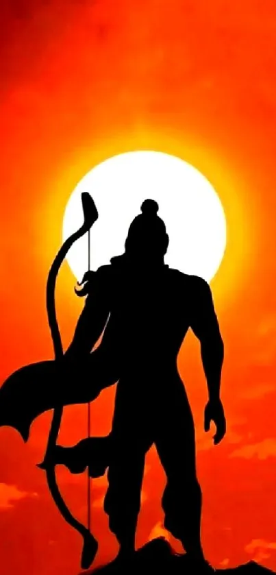 Silhouette of a figure with bow against a vibrant sunset backdrop.