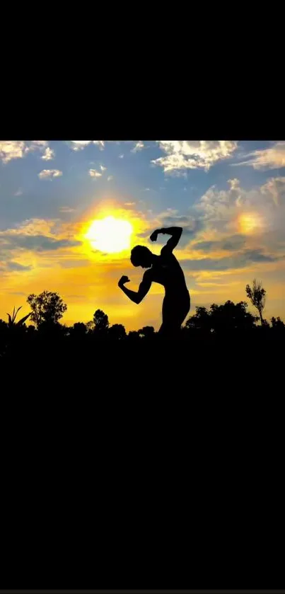 Silhouette of a figure at sunset with clouds in the sky.