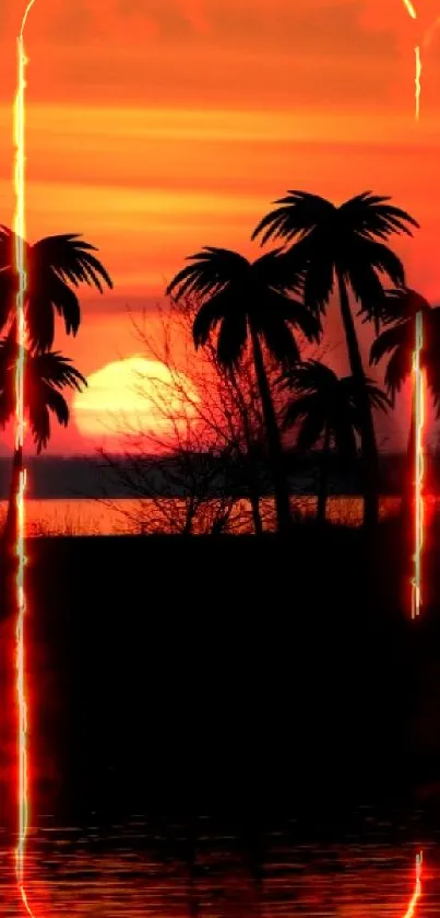 Palm trees silhouette at sunset with vibrant orange sky.