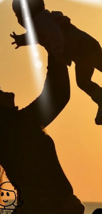 Silhouette of a mother lifting child at sunset.