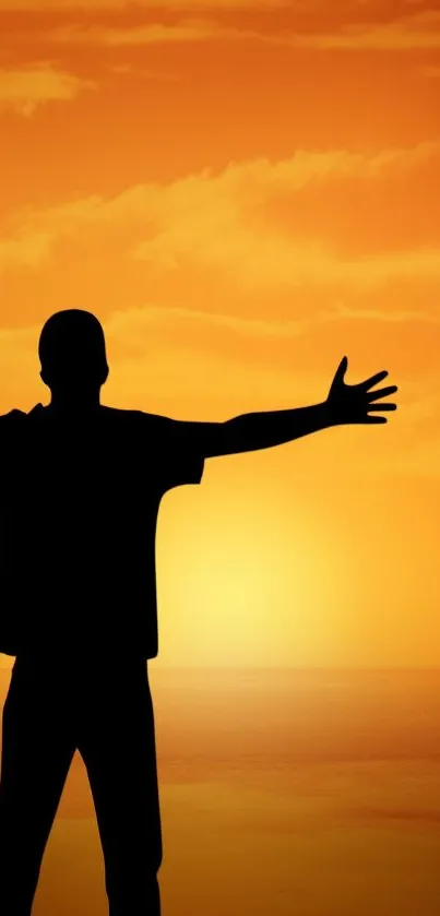 Silhouette of a person against a sunset sky with vibrant orange hues.