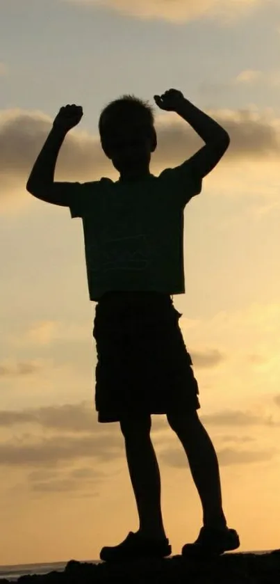 Silhouette of a child at sunset with a golden sky backdrop.