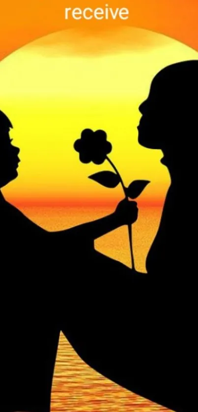 Silhouette of figures at sunset with a flower, creating a serene mobile wallpaper.