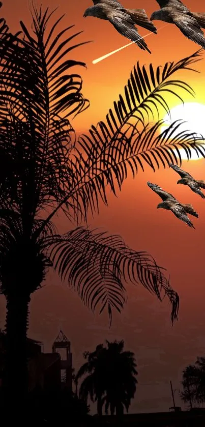 Palm silhouette against a vibrant sunset with flying birds.