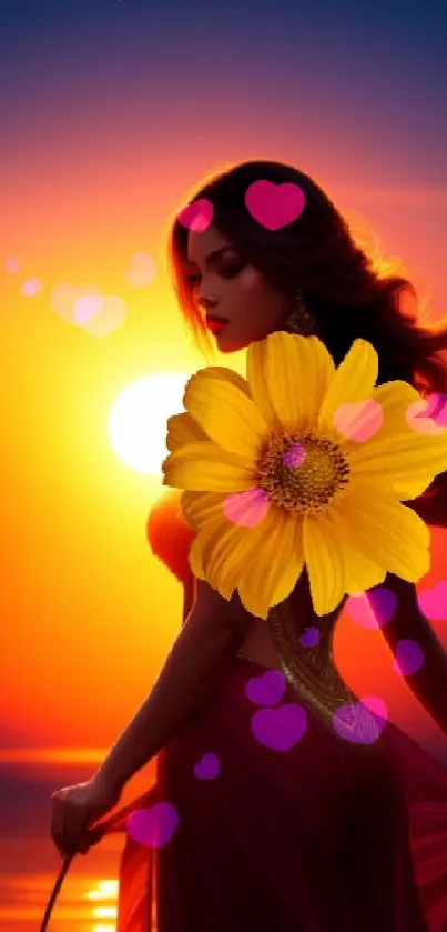 Silhouette of a woman at sunset with a yellow flower enhancing the scene.