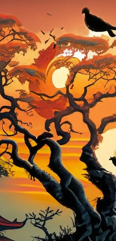 Mystical sunset and tree silhouettes in a zen-inspired wallpaper.