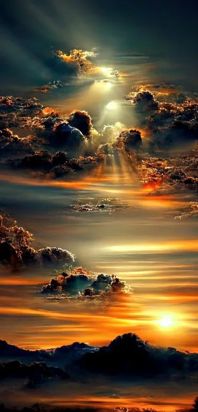 Stunning sunset sky with sun rays and clouds creating a dramatic mobile wallpaper scene.