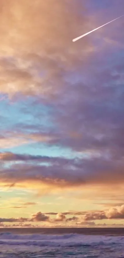 Vibrant sunset over ocean, featuring colorful clouds and a shooting star in the sky.