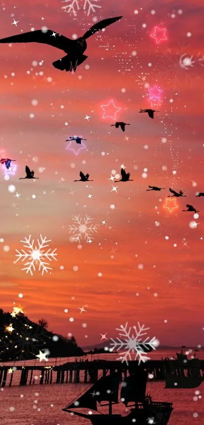 Sunset sky with birds, stars, and snowflakes mobile wallpaper.