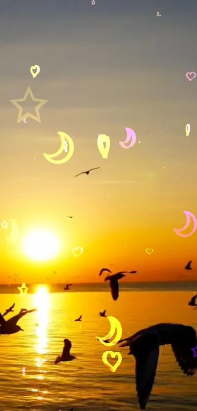 Golden sunset with flying birds and moon symbols on a calm evening sky.