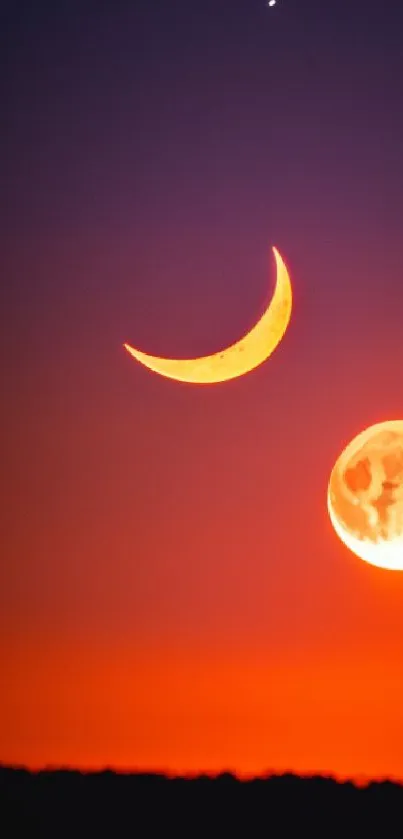 Vibrant sunset sky with crescent moons and full moon glowing.